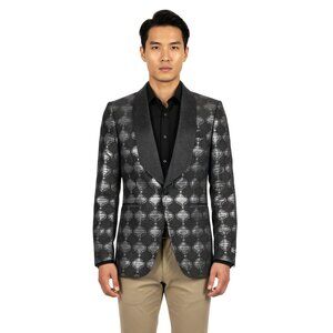 Empire™ Metallic Charcoal Geometric Shawl Lapel Hybrid Fit Blazer, Charcoal